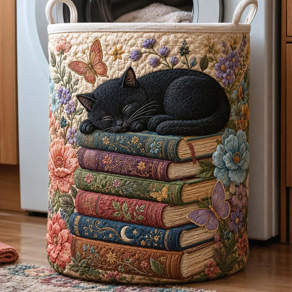 Bookish Cat Quilted Laundry Basket Library Kitten Storage Bin, Quilt Fabric Hamper
