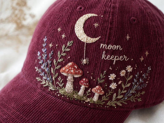 Moon Keeper Embroidered Cap, Mushroom Dad Hat, Celestial Baseball Cap, Cottagecore Lunar Hat, Witchy Nature Gift for Women Starry Night Gift
