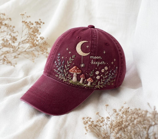Moon Keeper Embroidered Cap, Mushroom Dad Hat, Celestial Baseball Cap, Cottagecore Lunar Hat, Witchy Nature Gift for Women Starry Night Gift
