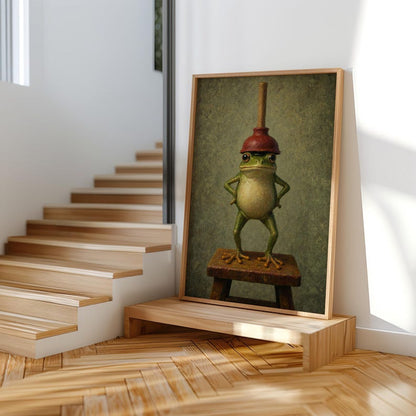 Funny Frog With Red Plunger Wall Art, Quirky Bathroom Print, Whimsical Restroom Decor, Vintage Funny Animal Toilet Loo Power Room Poster