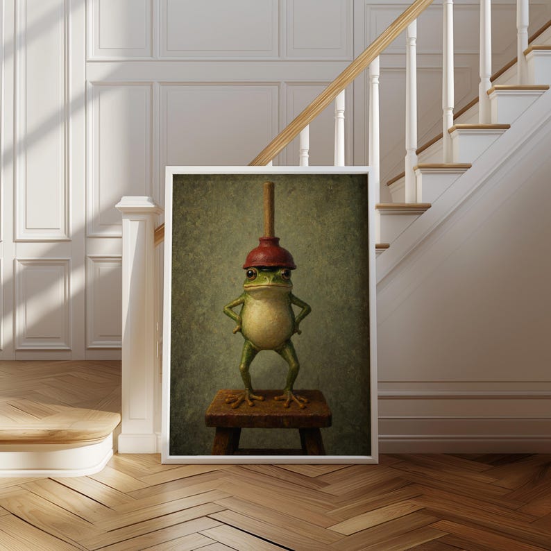 Funny Frog With Red Plunger Wall Art, Quirky Bathroom Print, Whimsical Restroom Decor, Vintage Funny Animal Toilet Loo Power Room Poster