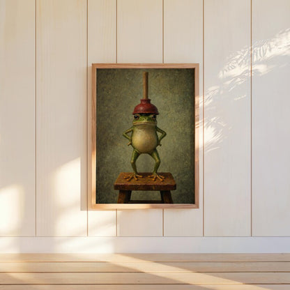 Funny Frog With Red Plunger Wall Art, Quirky Bathroom Print, Whimsical Restroom Decor, Vintage Funny Animal Toilet Loo Power Room Poster