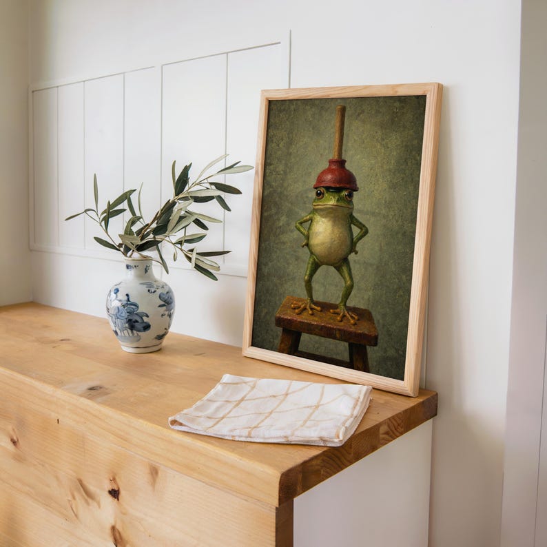 Funny Frog With Red Plunger Wall Art, Quirky Bathroom Print, Whimsical Restroom Decor, Vintage Funny Animal Toilet Loo Power Room Poster