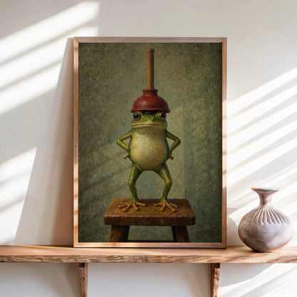 Funny Frog With Red Plunger Wall Art, Quirky Bathroom Print, Whimsical Restroom Decor, Vintage Funny Animal Toilet Loo Power Room Poster