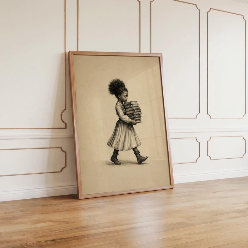 Black Girl Carrying Books Wall Art,  Retro Book Lover Print, Vintage Library Book Nook Poster, Reading Room Decor, Afrocentric storybook