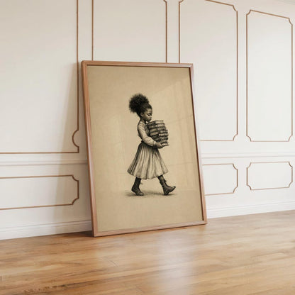 Black Girl Carrying Books Wall Art,  Retro Book Lover Print, Vintage Library Book Nook Poster, Reading Room Decor, Afrocentric storybook