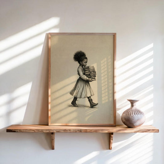 Black Girl Carrying Books Wall Art,  Retro Book Lover Print, Vintage Library Book Nook Poster, Reading Room Decor, Afrocentric storybook