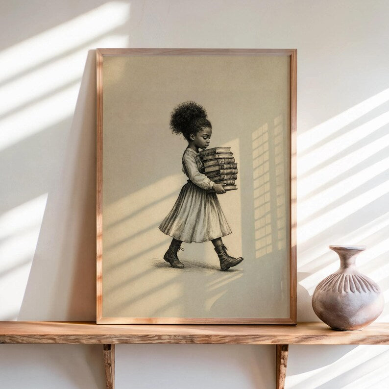 Black Girl Carrying Books Wall Art,  Retro Book Lover Print, Vintage Library Book Nook Poster, Reading Room Decor, Afrocentric storybook