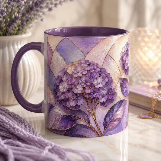 Personalized Purple Hydrangea Stained Glass Mug | Custom Name Floral Coffee Mug | Birth Flower Gift | Lavender Flower Cup, gift for her.