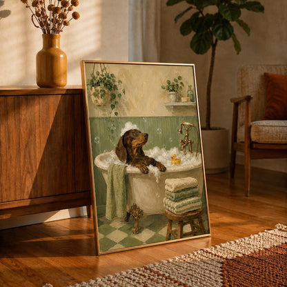 Funny Dachshund Bath Oil Painting Art, Sausage Dog in Bathtub Print, Green Bathroom Wall Decor, Dog Lover Gift Idea, Vintage Dackel Poster