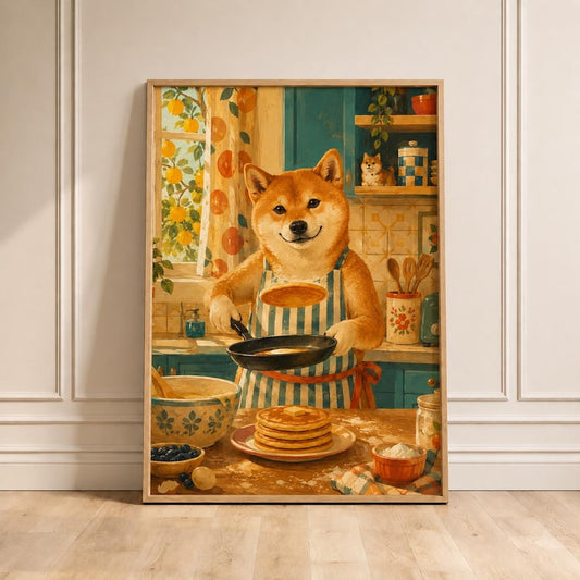 Shiba Inu Kitchen Wall Art, Funny Dog Cooking Print, Dog Making Pancakes Poster, Retro Kitchen Decor, Shiba Lover Gift, Vintage Food Art