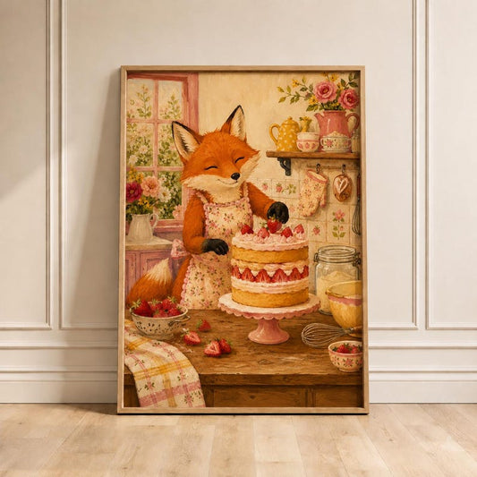 Fox Baking Cake Kitchen Wall Art, Cute Fox Print, Strawberry Cake Poster, Cottagecore Kitchen Decor, Pink Bakery Art, Fox Lover Gift Idea