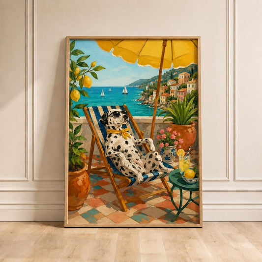 Funny Dalmatian Oil Painting Poster, Dog with Sunglasses Print, Dog Drinking Cocktail Art, Coastal Kitchen Wall Decor, Dog Lover Gift Idea
