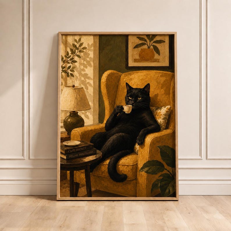 Black Cat Espresso Oil Painting Art, Cat in Armchair Poster, Dark Academia Wall Decor, Coffee Bar Print, Vintage Cat Lover Gift Idea