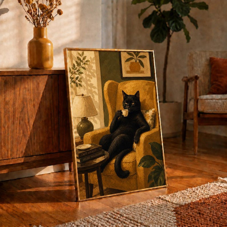 Black Cat Espresso Oil Painting Art, Cat in Armchair Poster, Dark Academia Wall Decor, Coffee Bar Print, Vintage Cat Lover Gift Idea