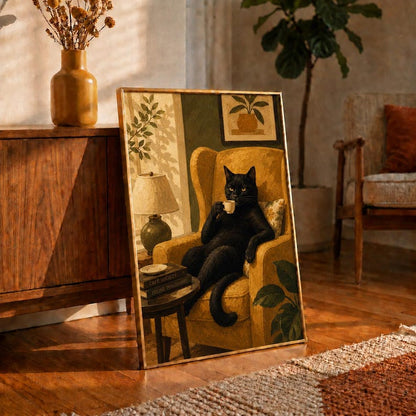 Black Cat Espresso Oil Painting Art, Cat in Armchair Poster, Dark Academia Wall Decor, Coffee Bar Print, Vintage Cat Lover Gift Idea