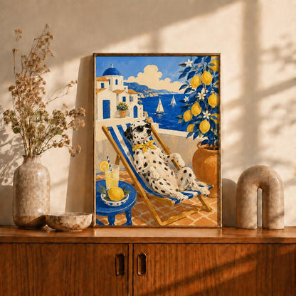 Dalmatian Beach Art Print, Cool Dog Sunglasses Poster, Greek Island Wall Decor, Blue Yellow Summer Print, Lemonade Bar Cart Art, Dog Gift
