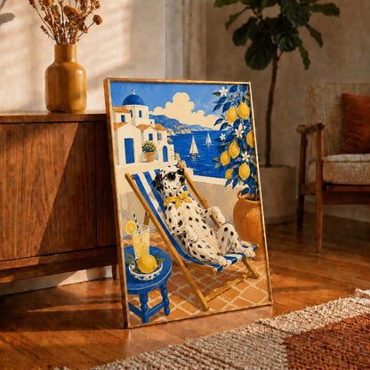 Dalmatian Beach Art Print, Cool Dog Sunglasses Poster, Greek Island Wall Decor, Blue Yellow Summer Print, Lemonade Bar Cart Art, Dog Gift