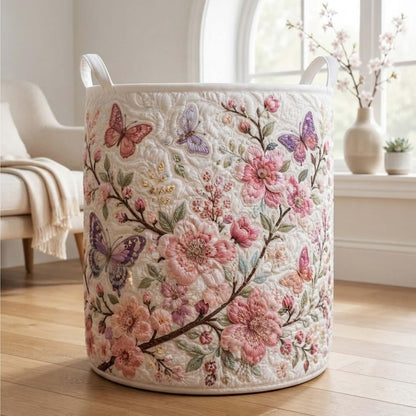 Cherry Blossom Quilted Laundry Basket: Spring Floral Storage Bin, Large Foldable Hamper