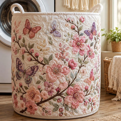 Cherry Blossom Quilted Laundry Basket: Spring Floral Storage Bin, Large Foldable Hamper