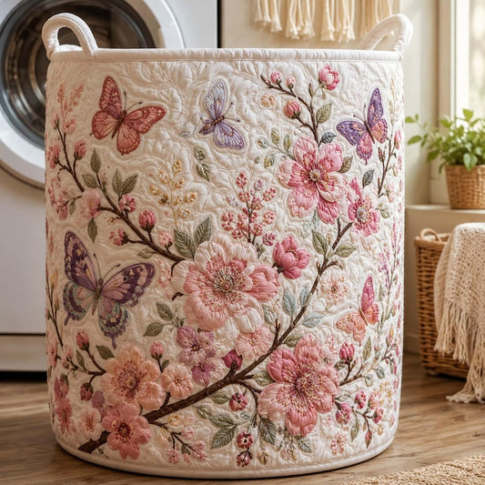 Cherry Blossom Quilted Laundry Basket: Spring Floral Storage Bin, Large Foldable Hamper