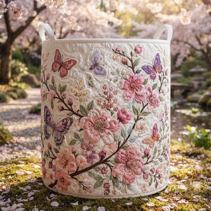 Cherry Blossom Quilted Laundry Basket: Spring Floral Storage Bin, Large Foldable Hamper