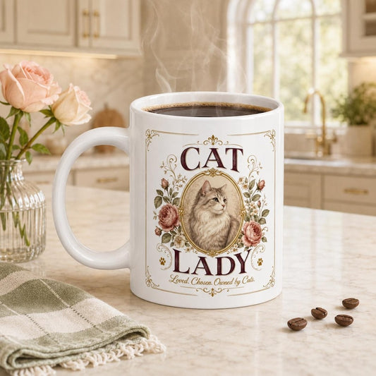Vintage Cat Lady Ceramic Mug, Floral Victorian Cat Coffee Cup, 11–20 oz