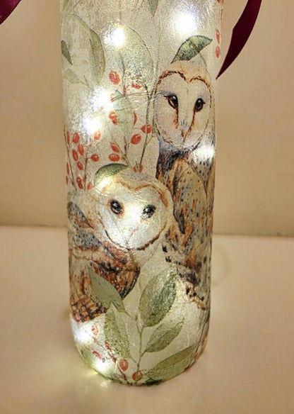 Barn Owl Bottle Lamp | Decoupage Rustic LED  Light | Woodland Decor Nature Gift