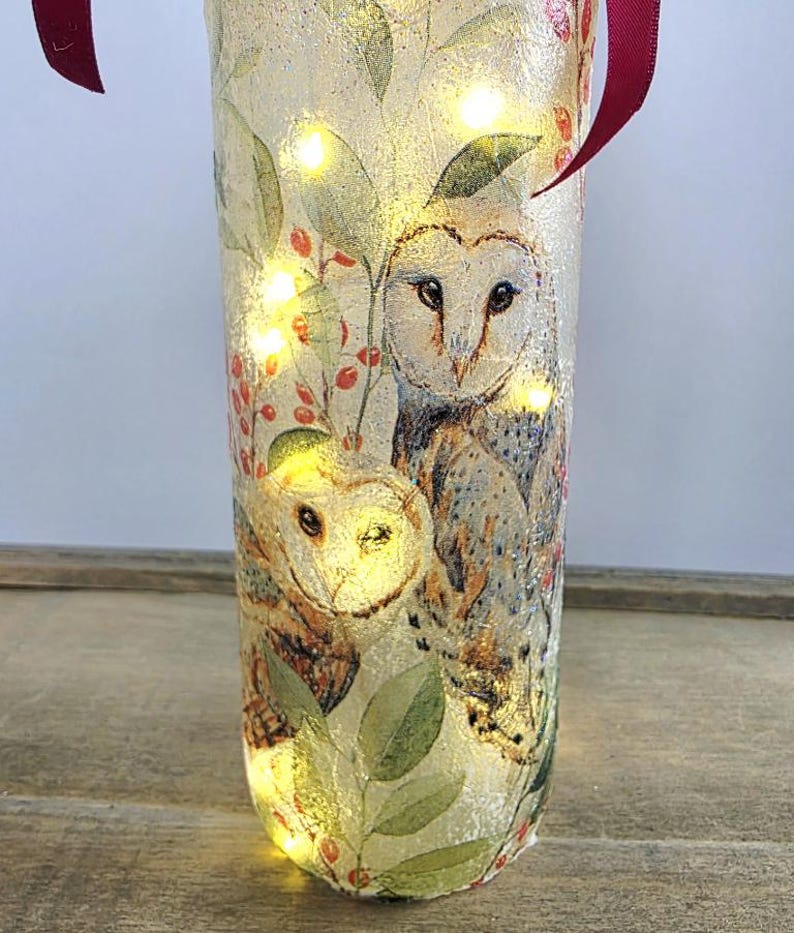 Barn Owl Bottle Lamp | Decoupage Rustic LED  Light | Woodland Decor Nature Gift