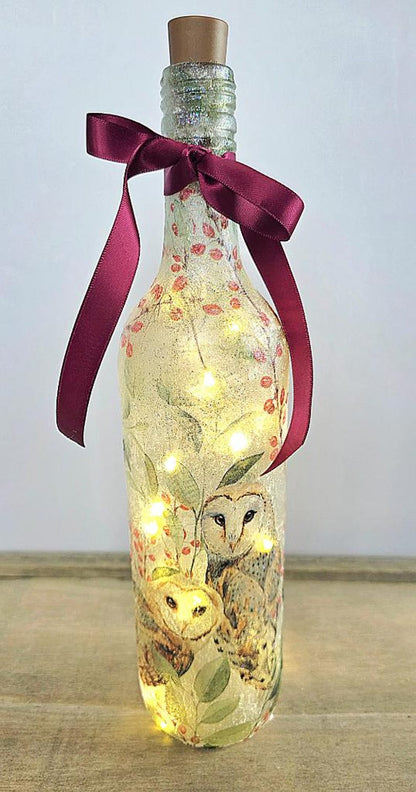Barn Owl Bottle Lamp | Decoupage Rustic LED  Light | Woodland Decor Nature Gift