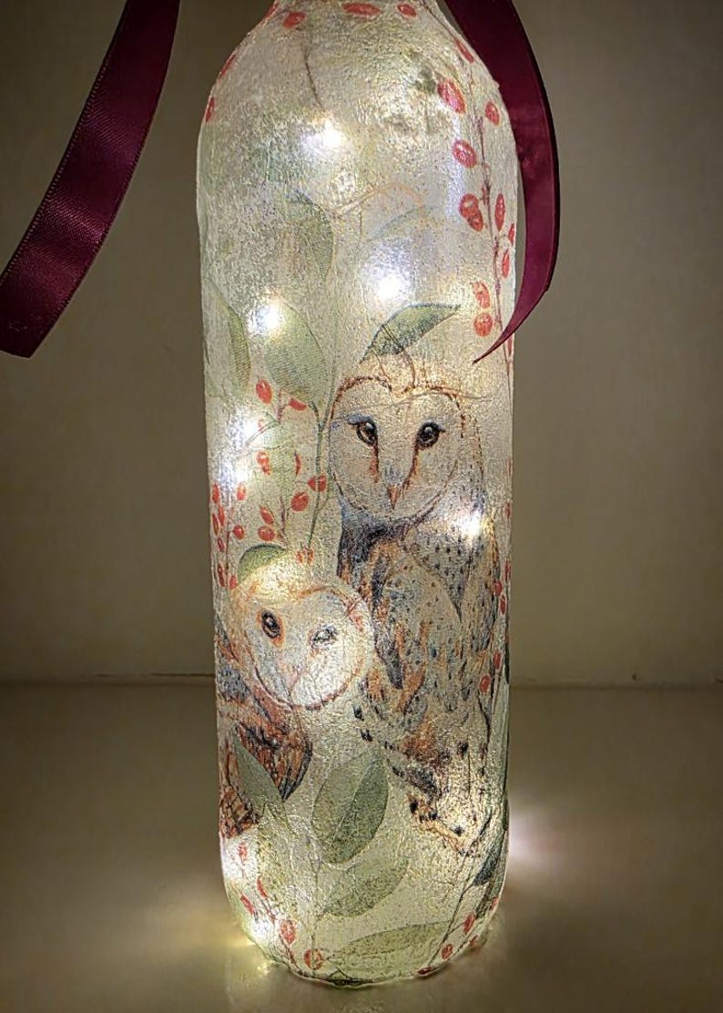 Barn Owl Bottle Lamp | Decoupage Rustic LED  Light | Woodland Decor Nature Gift