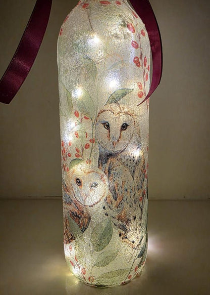 Barn Owl Bottle Lamp | Decoupage Rustic LED  Light | Woodland Decor Nature Gift