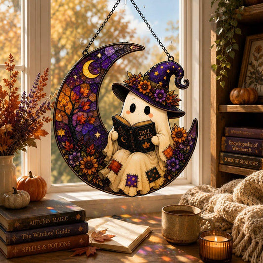 Patchwork Ghost Reading Book Acrylic Suncatcher, Witchy Ghost In The Moon Window Hanging, Book Lover Gift, Halloween Booklist Ornament Gift