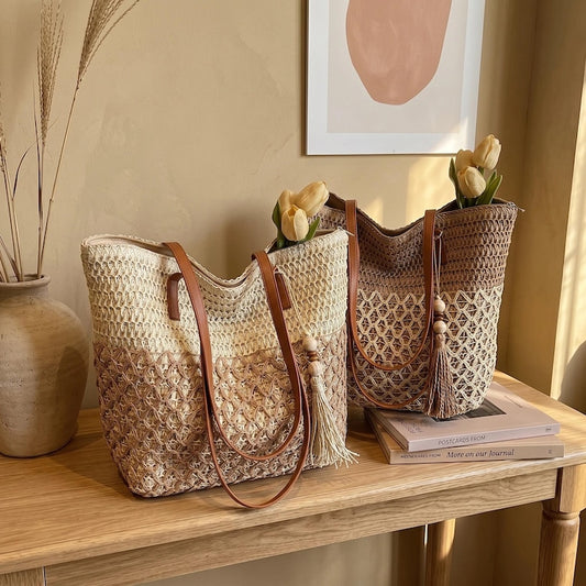 Handwoven Straw Tote Bag for Women, Large Beach Bag with Leather Handles, Boho Summer Purse, Personalized Crochet Summer Shoulder Bag, Gift