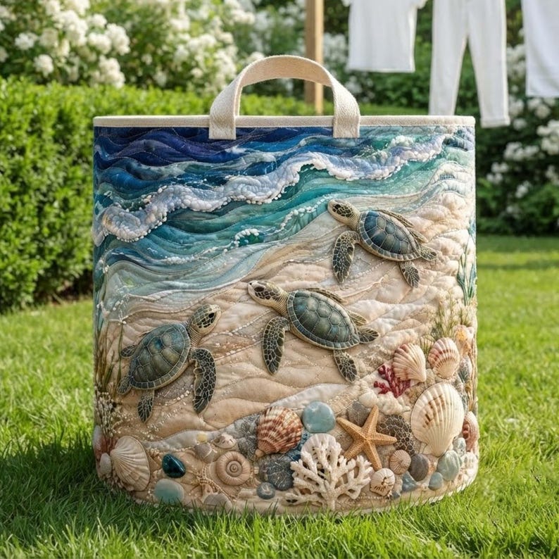 Turtle Sea Quilted Laundry Basket: Coastal Ocean Marine Life Storage Bin, Quilt Fabric Hamper