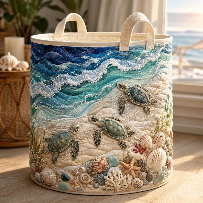 Turtle Sea Quilted Laundry Basket: Coastal Ocean Marine Life Storage Bin, Quilt Fabric Hamper