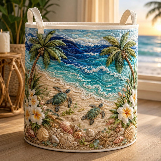 Turtle Quilted Laundry Basket: Coastal Marine Ocean Sea Life Storage Bin, Quilt Fabric Hamper