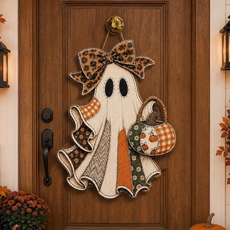 Halloween Ghost Door Hanger, Rustic Patchwork Door Sign, Primitive Fall Home Decor, Spooky Front Door Decor, Halloween Gift