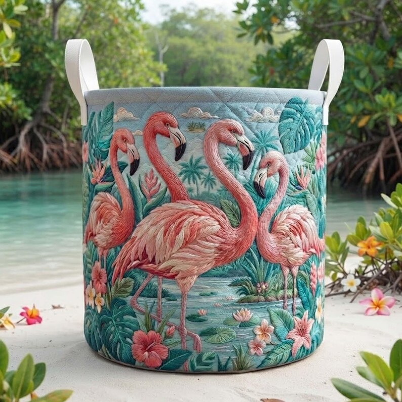 Flamingo Charm Quilted Laundry Basket: Tropical Flamingo Hamper, Elegant Storage Bin
