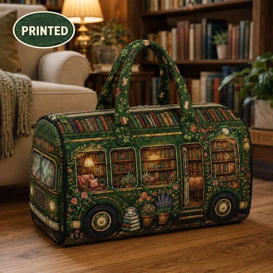 Book Lover Weekender Bag, Quilted Library Bus Travel Duffel, Cozy Vintage Floral Tote, Birthday Gift For Librarian, Teacher Or Her