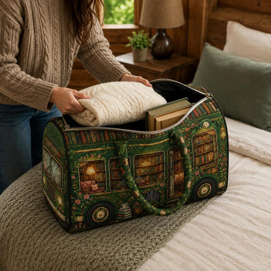 Book Lover Weekender Bag, Quilted Library Bus Travel Duffel, Cozy Vintage Floral Tote, Birthday Gift For Librarian, Teacher Or Her