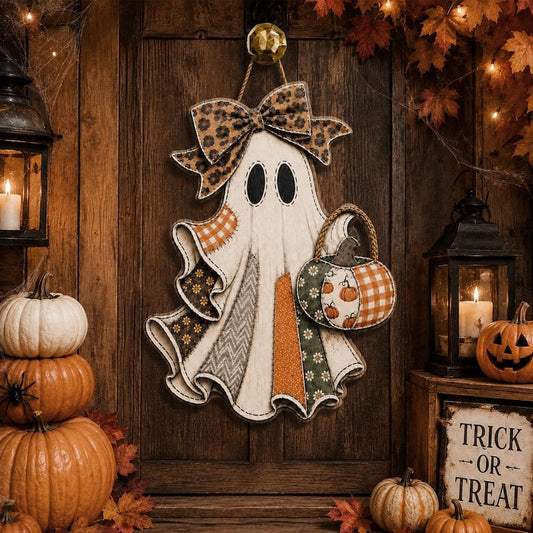 Halloween Ghost Door Hanger, Rustic Patchwork Door Sign, Primitive Fall Home Decor, Spooky Front Door Decor, Halloween Gift