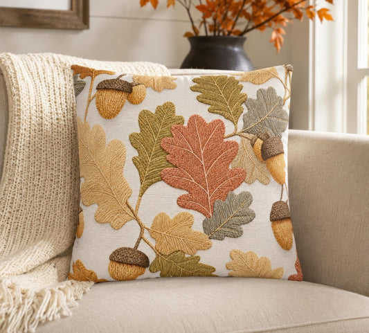 Faux Embroidered Fall Pillow Cover, Autumn Leaves Cushion Case, Neutral Acorn Throw Pillowcase Cozy Thanksgiving Rustic Farmhouse Decor Gift