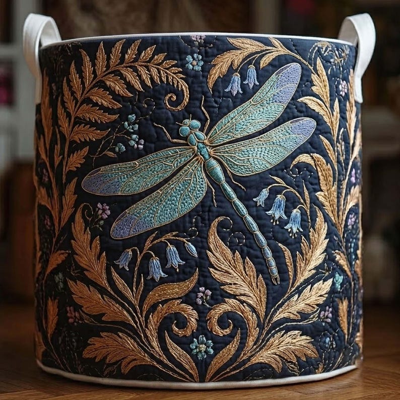 Dragonfly Quilted Laundry Basket: Colorful Insect Fabric Hamper, Whimsical Storage Bin