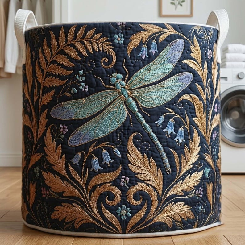 Dragonfly Quilted Laundry Basket: Colorful Insect Fabric Hamper, Whimsical Storage Bin