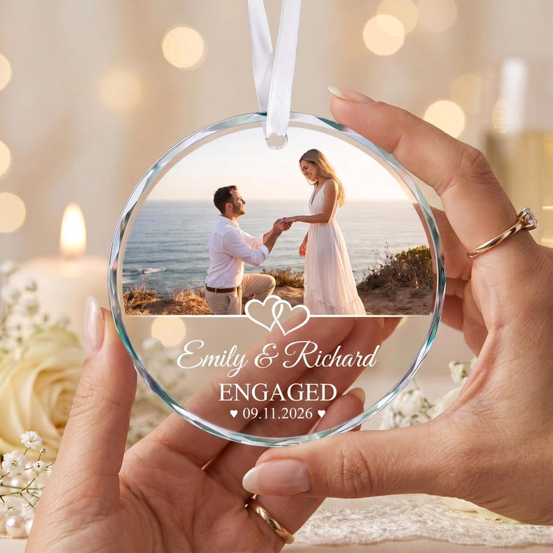 Engagement GLASS Ornament,Married Ornament,Personalization Marriage Proposal Gift,Our First Christmas Engaged Photo Ornament,Gift For Couple