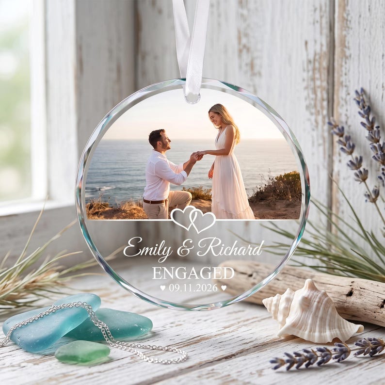Engagement GLASS Ornament,Married Ornament,Personalization Marriage Proposal Gift,Our First Christmas Engaged Photo Ornament,Gift For Couple