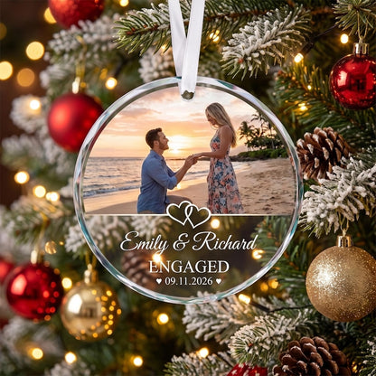 Engagement GLASS Ornament,Married Ornament,Personalization Marriage Proposal Gift,Our First Christmas Engaged Photo Ornament,Gift For Couple
