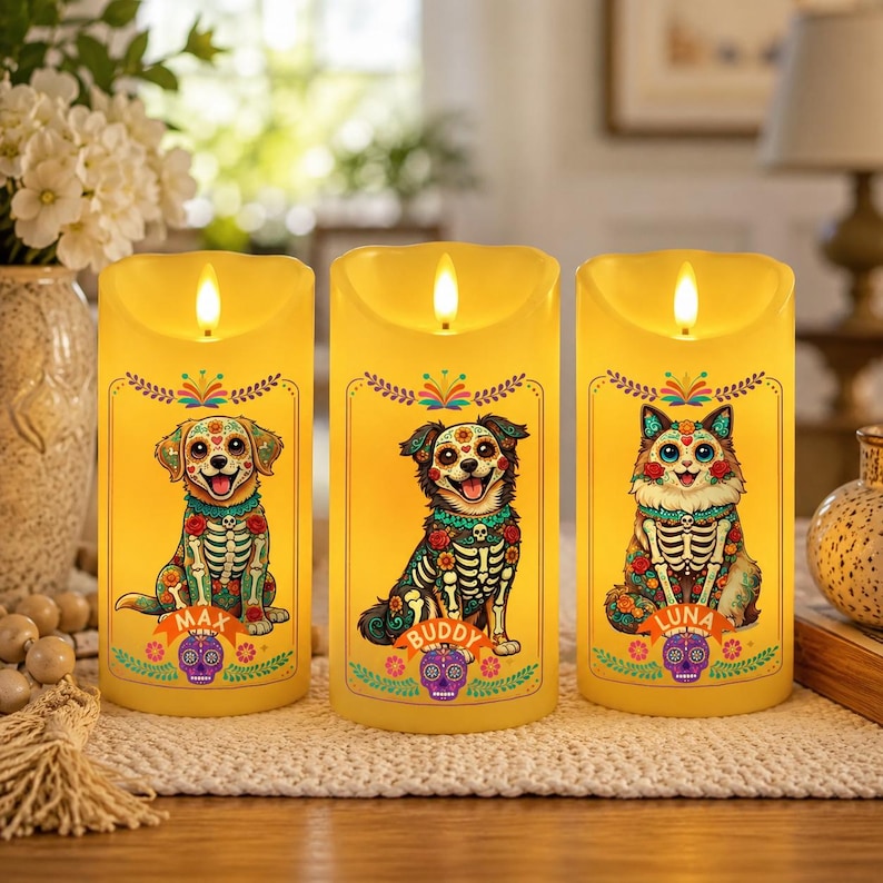 Personalized Day of Dead Pet Candle, Custom Dog Portrait, Memorial Gift for Pet Lovers
