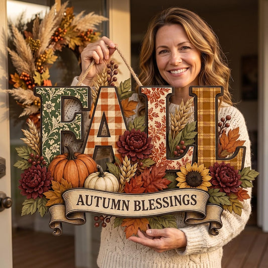 Fall Door Hanger, Autumn Blessings Wood Sign, Pumpkin Sunflower Front Door Decor, Rustic Thanksgiving Wreath Decor